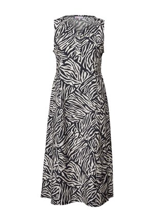 Sleeveless dress in black and beige, featuring a zebra-striped pattern. A round neckline with a placket, flared silhouette, and soft fabric.