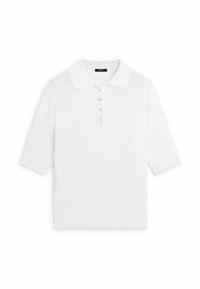 Weißes, gestricktes Poloshirt mit einem breiten Kragen, kurzen Ärmeln und einer Knopfleiste mit fünf hellgrauen Knöpfen. Weiche Textur und lockere Passform.