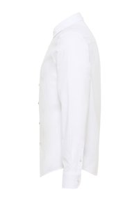 Weiße langärmelige Hemd aus leichtem Stoff, mit klassischem Kragen, durchgehender Knopfleiste und abgerundeten Manschetten mit Knopfdetails.