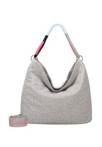 Bolso de nylon gris con un sutil estampado de leopardo, textura suave y forma holgada. Presenta un asa trenzada multicolor y una correa desmontable.