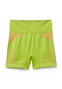 Neongröna shorts med bred midjeband, som har texturerade paneler i persikofärg och rosa prickiga detaljer längs sidorna.