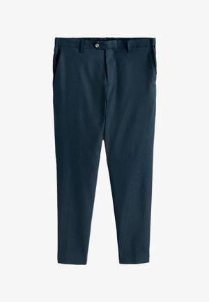 Pantalon droit bleu foncé avec passants de ceinture, bouton devant, fermeture éclair et poches latérales, posé à plat sur fond blanc.