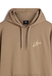 Sweat à capuche beige en coton, doté d'une poche avant, d'une capuche avec cordon de serrage et d'un logo imprimé en beige plus clair sur la poitrine.