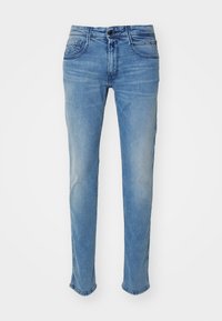 Ljust blå denimjeans med rak benmodell, fem fickor och subtila blekningar. Har knappstängning och sömnadsdetaljer.