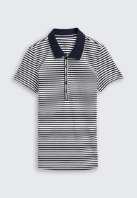 Stripet polo shirt i navy og hvid med korte ærmer, solid navy krave og fem-knap lukning; har horisontale striber.