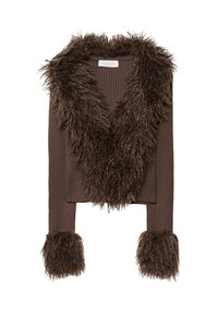 Giacca corta a coste marrone con colletto e polsini in pelliccia sintetica shaggy, caratterizzata da un tessuto testurizzato e un design a scollo a V.