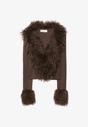 Hnedá ribbová skrátená bunda s huňatým umelým kožuchom na golieri a manžetách, s textúrovanou látkou a výstrihom do V.
