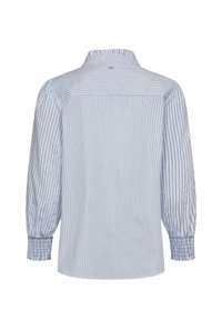 Chemise à manches longues avec des rayures verticales bleues et blanches, poignets froncés et petit bouton à l'arrière du col, vue de dos.