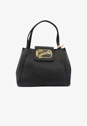Borsa nera strutturata con due manici e una patta frontale che presenta un accento in metallo dorato con il logo "Gaelle".