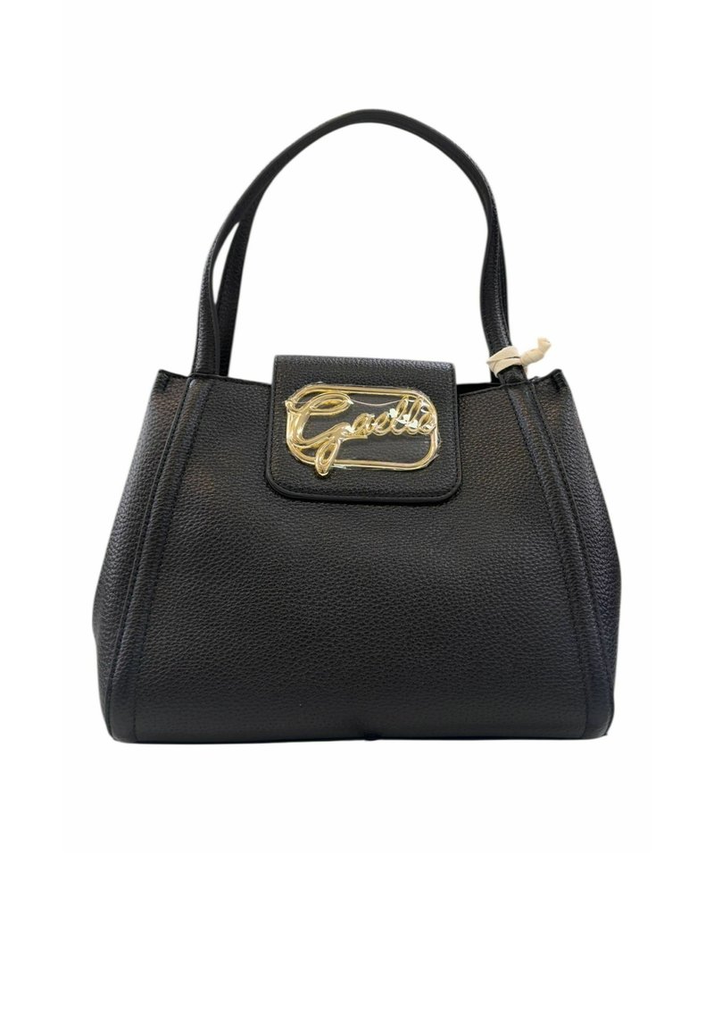 Borsa nera strutturata con due manici e una patta frontale che presenta un accento in metallo dorato con il logo "Gaelle".