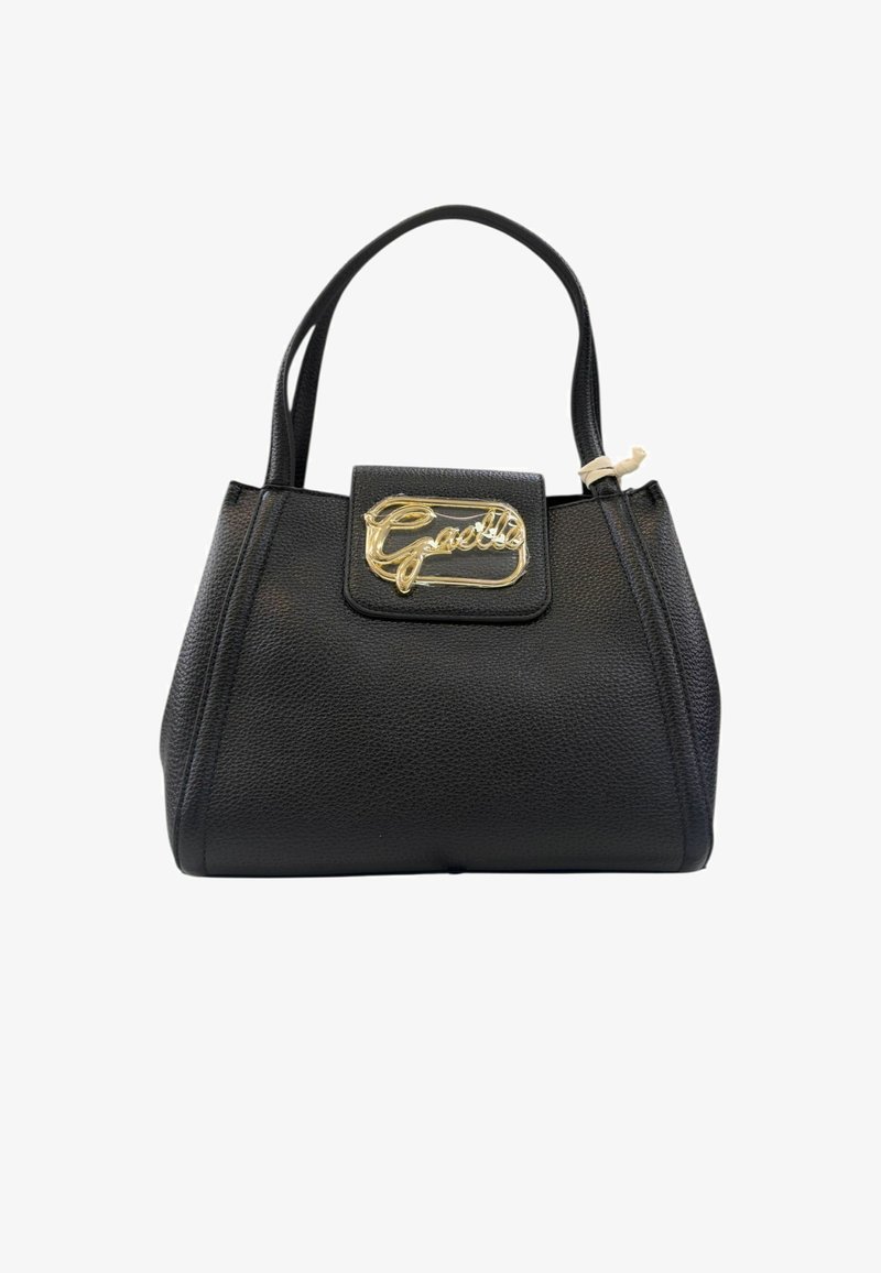 Borsa nera strutturata con due manici e una patta frontale che presenta un accento in metallo dorato con il logo "Gaelle".