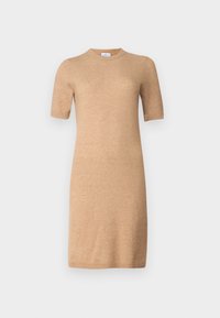 Short-sleeved, knee-length dress in light brown knit fabric with a round neckline and a fitted silhouette. Smooth texture, no patterns.