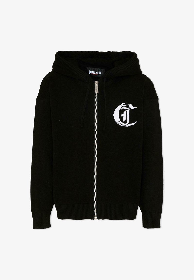 Sweat à capuche zippé noir avec fermeture éclair frontale, capuche avec cordon de serrage, et logo lettre gothique "J" blanche sur le côté gauche de la poitrine.