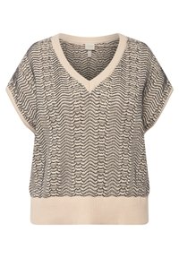 Top de punto con escote en V en crema, con patrones negros ondulados, mangas cortas y dobladillo acanalado. Textura suave y diseño holgado para mayor comodidad.