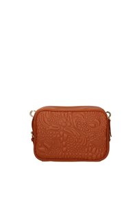 Borsa a tracolla in pelle marrone con motivo floreale in rilievo, chiusura con zip e dettagli in oro. Forma rettangolare con texture morbida.