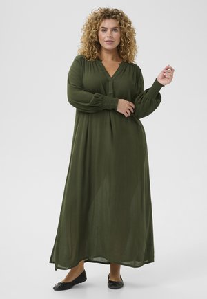 Langes, olivengrünes Maxikleid aus leichtem Stoff. Hat einen V-Ausschnitt, Knopfleiste und geraffte Details an den langen Ärmeln.