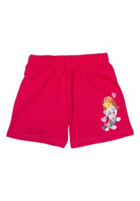 Shorts per bambini di un vivace rosa brillante con vita elastica, decorati con personaggi di cani dei cartoni animati e illustrazioni di cuori rosa sulla gamba destra.