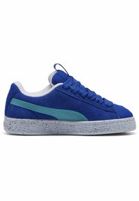 Sinine sametist sneaker, millel on tekstureeritud pind, kerge sinise triibuga ja täpikestega hall tald. Ümarad varbad ja traditsiooniline nööritussüsteem.