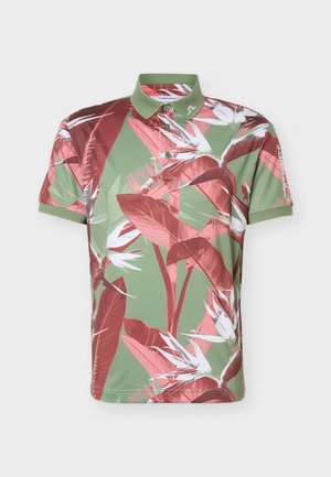 Kurzärmliges Poloshirt mit grünem Grundton und großen roten und weißen tropischen Blatt- und Blumenmustern, geknöpftem Kragen und Logodetail.