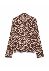 Chemise à manches longues avec boutons et col pointu, présentant un motif géométrique abstrait en marron et beige.