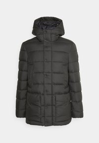 Pufferjakke i mørkegrå med høj krave, knaplukning, to forlommer og quiltet design for isolering.