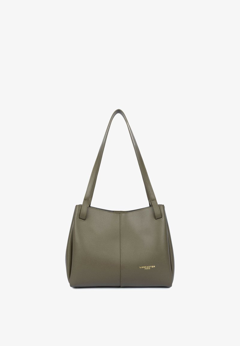 Sac à main en cuir vert olive avec deux sangles et petit logo doré "Lancaster Paris" en bas à droite sur le devant.