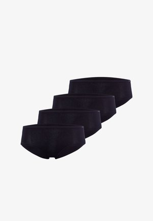 Black cotton hipster briefs, four pairs, featuring a smooth texture and elastic waistband, minimalistic design with no additional patterns.