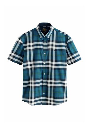 Trumpomis rankovėmis mygtukais užsegama marškinėliai su mėlynu, baltu, juodu ir žaliu languotu raštu bei užsegamu apykakle.