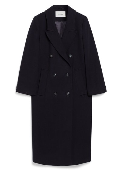Navy double-breasted coat made of wool blend, featuring wide lapels, four front pockets, and three black buttons on the front.