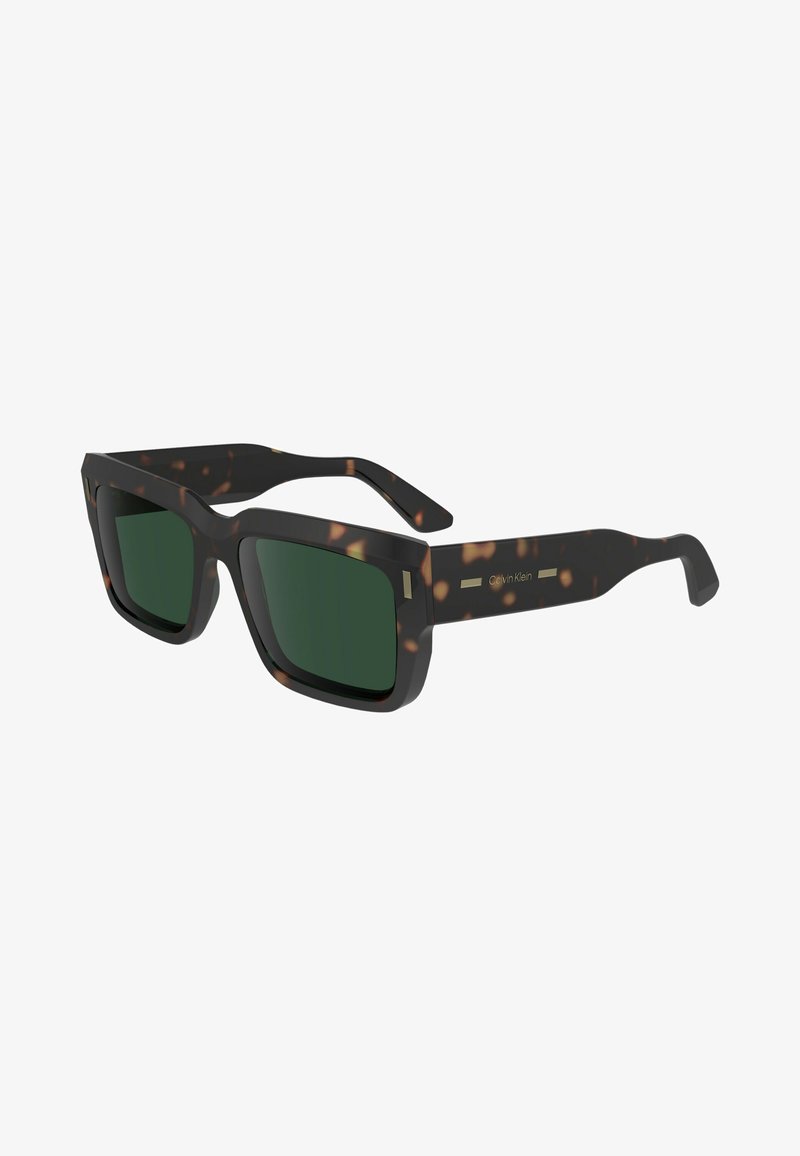 Sunglasses with a dark tortoiseshell frame, square shape, green lenses, and subtle metal accents on the temples.