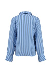 Blauw-wit gestreept overhemd met lange mouwen en een kraag, met een ontspannen pasvorm en opgerolde mouwen; lichtgewicht stof met een gladde textuur.