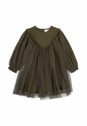 Robe vert olive avec de longues manches en tulle transparent et un col structuré à volants. Jupe évasée et fermeture à boutons dans le dos.