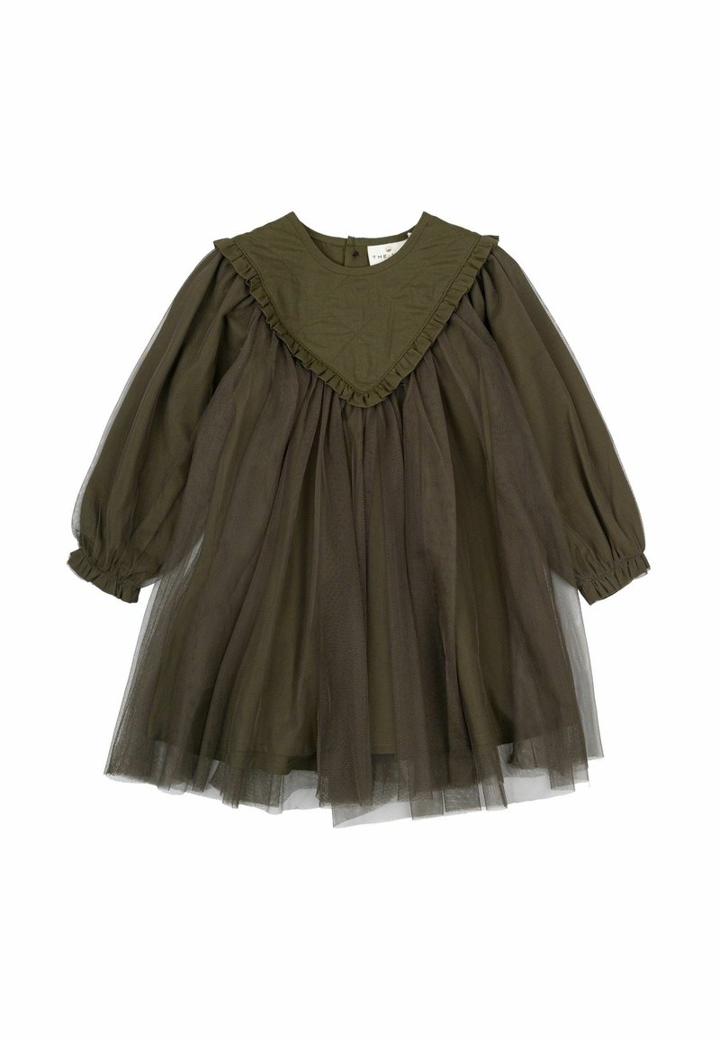 Olive green dress with long sheer tulle sleeves and ruffled, structured collar. Flared skirt and button closure at the back.