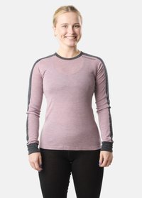 Maglietta sportiva a maniche lunghe di colore rosa chiaro con accenti grigio scuro, caratterizzata da un collo rotondo e una texture morbida, adatta per l'abbigliamento sportivo.