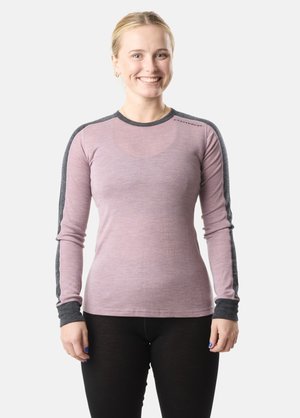 Langarm sporttop in lichtroze met donkergrijze accenten, voorzien van een ronde halslijn en een zachte textuur, geschikt voor actieve kleding.