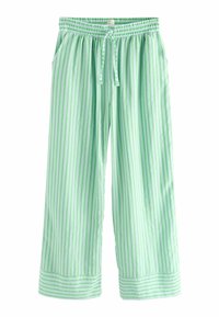 Lichtgroene en witte gestreepte losse broek met een elastische tailleband en verstelkoord, met zijzakken en manchetachtige onderkanten.
