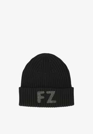 Sort strikket hue med ribbet tekstur, der har en fold-over kant og lys grå "FZ" brodering på forsiden.