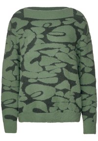 Zielony, oversize'owy sweter wykonany z miękkiej tkaniny, z ciemnozielonym abstrakcyjnym wzorem, szerokim dekoltem i długimi rękawami. Teksturowane wykończenie.