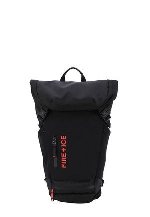 Black backpack with textured top flap, roll-top closure, adjustable straps, and red logo detail on the front. Features a side zipper pocket.