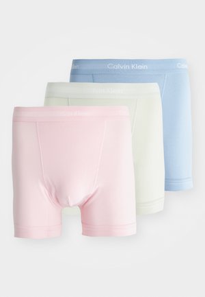 Set of three men's boxer briefs in pastel colors: pink, light green, and light blue. Features elastic waistbands with brand logo.
