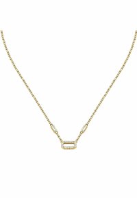 Goldkette mit einem länglichen zentralen Anhänger, der mit kleinen klaren Steinen verziert und von stangenförmigen Elementen ergänzt ist.