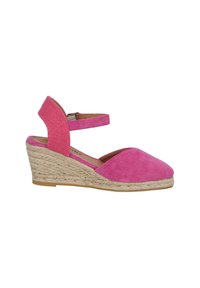 Espadrillas con tacco a cuneo in suede rosa e cinturino alla caviglia, dotate di una piattaforma in juta intrecciata e un tacco testurizzato. Suola piatta per stabilità.