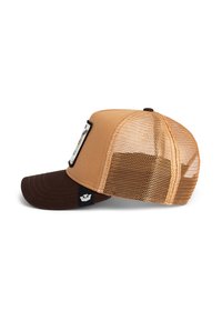 Brown and tan trucker cap with a solid front, mesh sides, and a curved brim; features a logo patch on the front.