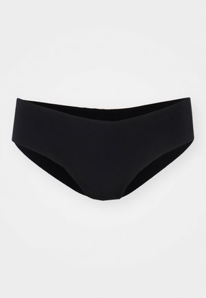 Schwarze Bikinihose, aus glattem Material gefertigt. Sie hat ein tiefes Schnittdesign mit einem breiten Bund und einem minimalistischen Schnitt, ohne Muster oder Akzente.