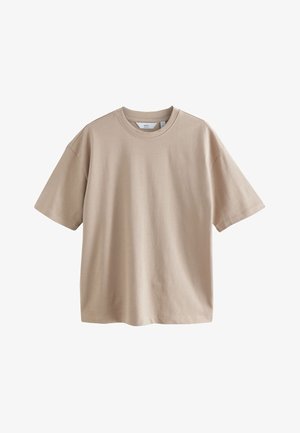 Beige T-shirt met korte mouwen gemaakt van zacht katoen, met een ronde halslijn en een ontspannen pasvorm, met een minimalistisch ontwerp en zonder zichtbare patronen.