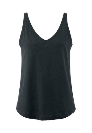 Débardeur noir sans manches présentant un décolleté en V profond, un tissu doux et une coupe décontractée avec un ourlet légèrement arrondi.