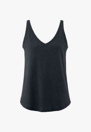 Schwarzes ärmelloses Tanktop mit tiefem V-Ausschnitt, weichem Stoff und entspanntem Schnitt mit leicht geschwungener Saumlinie.