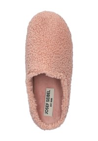 Pantofole rosa pelose con un'esterno morbido e testurizzato, design con schiena aperta e suola piatta. L'interno sembra soffice e confortevole.