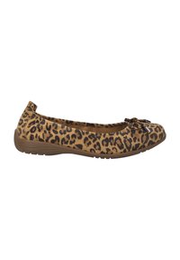 Chaussure plate en imprimé léopard avec un dessus en tissu doux, bout rond et un détail en nœud à l'avant. Semelle extérieure en caoutchouc marron avec texture pour une meilleure adhérence.