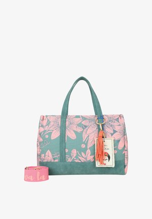 Borsa a mano con motivo floreale turchese e rosa, due manici, portachiavi con nappina corallo e tracolla rosa staccabile con testo.